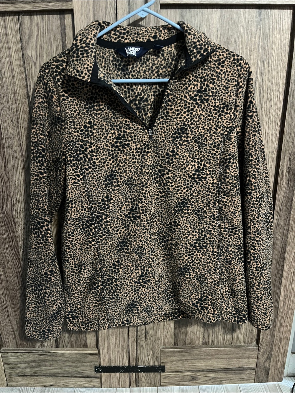 Lands' End Women's Leopard Teddy Quarter-Zip Pullover - Tan & Black